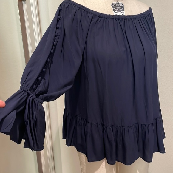 Loft Navy Elastic Neckline Rayon Blouse Size S - Picture 1 of 5